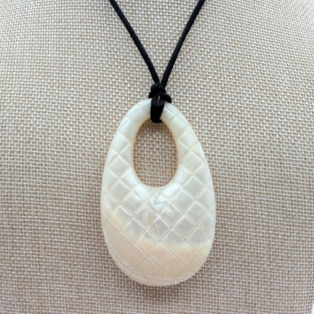 Vintage Cord Necklace Cream White Oval Pendant Open Center Quilted Textured Boho
